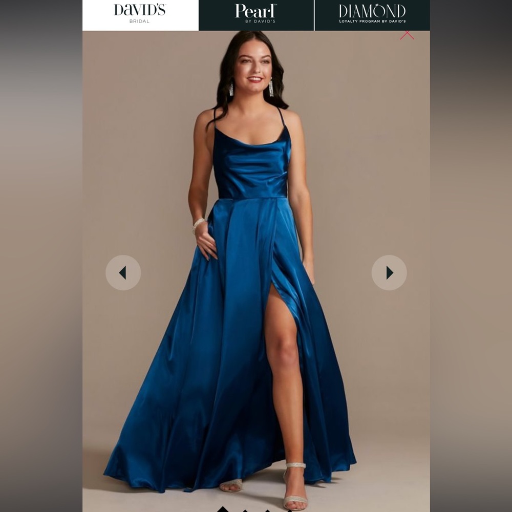 David’s Bridal Sapphire Charmeuse Cowl Bridesmaid Dress with Lace-Up Back